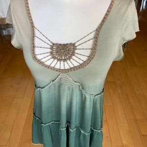 Vintage Buffalo green ombré tiered top with beaded crochet trim.